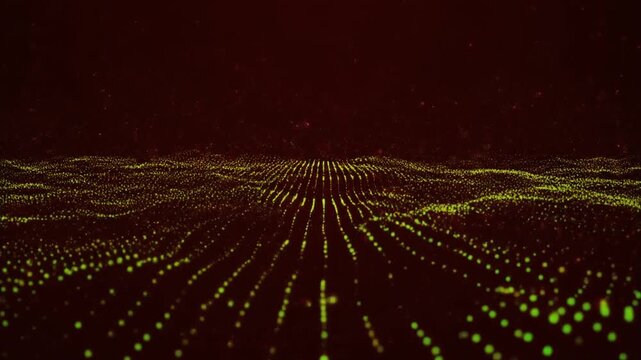 Dynamic movement of glowing green dots across a dark digital landscape visualizing data flow, seen from a sweeping low-angle perspective