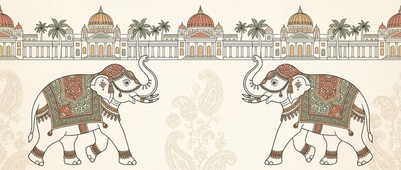 Traditional Indian Elephants with Royal Palace Background - Vintage Style Illustration
