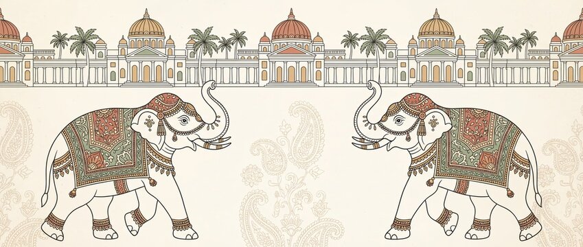Traditional Indian Elephants with Royal Palace Background - Vintage Style Illustration
