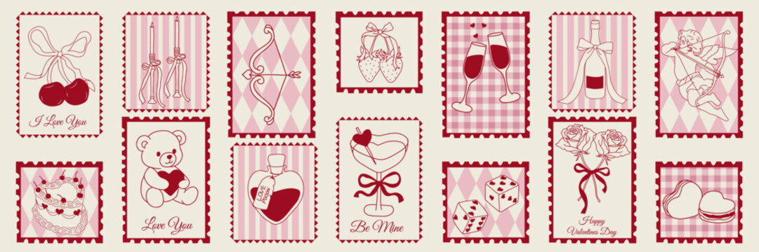 Valentine&rsquo;s Day hand drawn vintage postcard set with hearts, cherries, cupid, teddy bear, cakes, wine. Vector doodle sketch illustration
