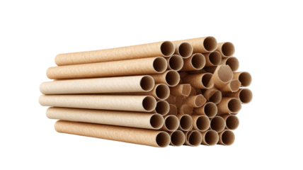Brown cardboard paper tubes stacked in bundle recyclable packaging material cylindrical hollow rolls isolated on white background