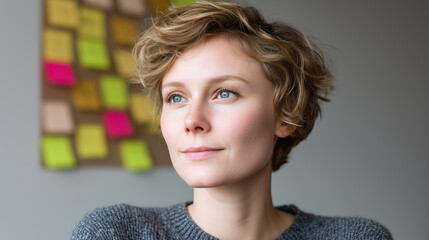 Soft focus portrait showing person calmly looking at wall full of colorful sticky notes, with short blonde hair and blue eyes, wearing gray sweater in bright room