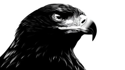Black and white eagle head illustration with sharp beak intense gaze detailed wildlife artwork isolated on white background