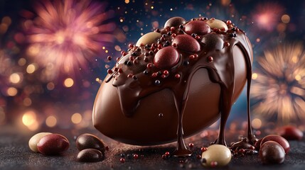 Chocolate Rugby egg with drizzled chocolate and colorful candy toppings, set against festive fireworks background, perfect for holiday dessert designs, celebration graphics, sweet treat promotions