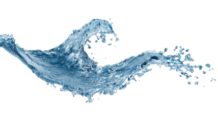 Dynamic blue water splash wave with frozen motion droplets high speed liquid flow macro isolated on white background