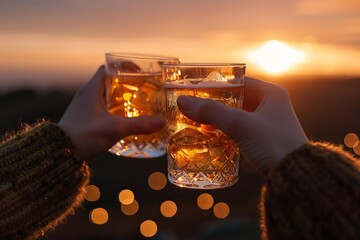 Two friends are raising whisky glasses at sunset, enjoying a celebratory moment together with golden hour drinks