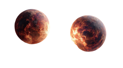 Two fiery volcanic planets with glowing molten surfaces dramatic space astronomy scene high resolution rendering isolated on white background