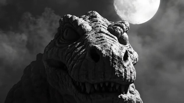 Epic Close Up of a Ferocious Dinosaur Face in Dramatic Black and White Under a Full Moon