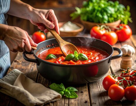 Person Stirring Fresh Tomato Sauce in a Black Pan with Basil and Garlic on a Rustic Wooden Table