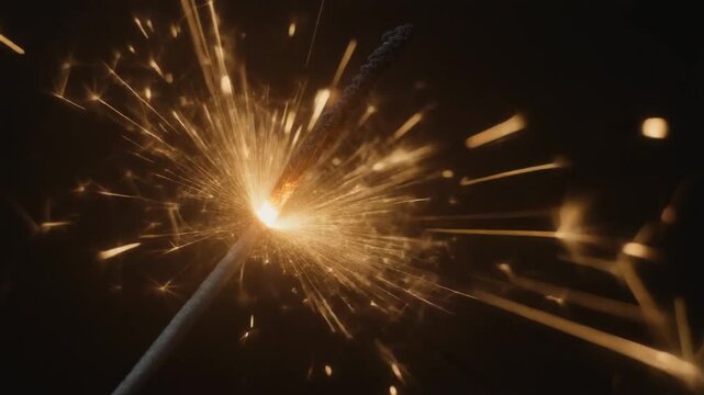 A sparkler explodes with vibrant sparks in a dark environment viewed closely