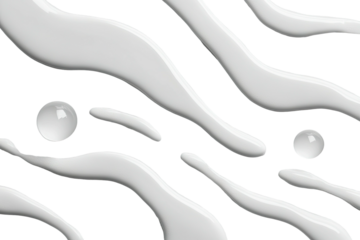 White glossy fluid streaks and droplets on black backdrop