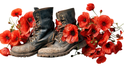Worn leather combat boots surrounded by red poppy flowers dramatic still life footwear photography isolated on white background