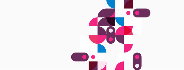 Abstract geometric shapes overlap, creating vibrant pink, purple, blue composition. Minimalist design with rounded rectangles, circles. Clean aesthetic.