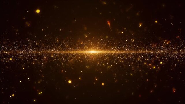 Vibrant particles and sparks flying around a bright light source in a dark environment from a straight viewpoint