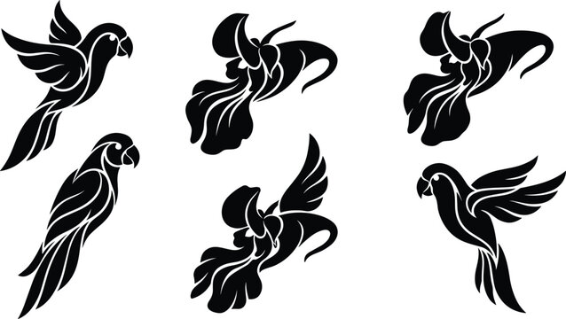 Parrot and tropical bird silhouette bundle, flying parrot vector set for vinyl crafting, printing, decals and digital design