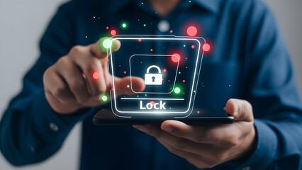 Holographic lock screen on smartphone displayed by user with futuristic interface