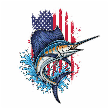 american flag sailfish jumping out of water with blue ocean splash vector illustration