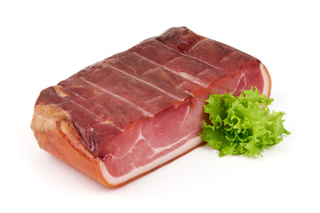 Delicious Serrano ham, cured jamon iberico, isolated on white background