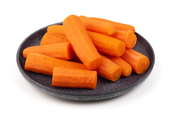 Peeled Carrots on Dark Plate, isolated on white background
