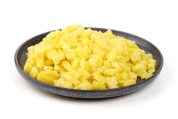 Diced Potatoes in Gray Bowl, isolated on white background