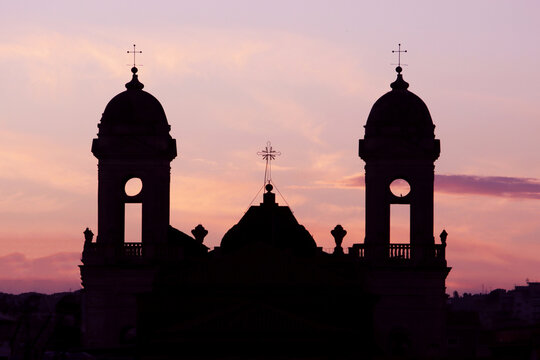 View on the silhouette of church of San Francesco of Assisi at the Immaculate Conception, Catania, Sicily, Italy