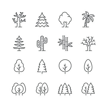 Vector line set of icons related with trees. Contains monochrome icons like tree, forest, wood, plant and more. Simple outline sign.