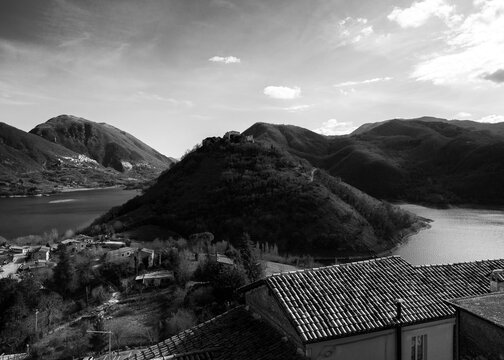 Castel di Tora, Lazio, Italy: view of the Turano lake and the Antuni mount from the village of Castel di Tora