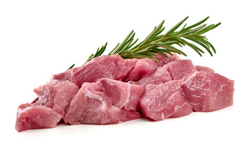 Raw Pork Cubes with Rosemary, isolated on white background