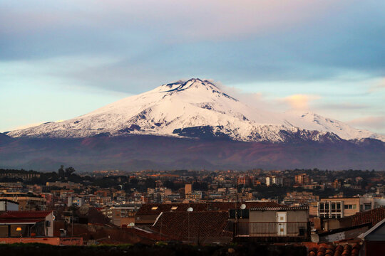 View of the city as well as Mount Etna from Church of the Abbey of Saint Agatha, Catania, Sicily, Italy
