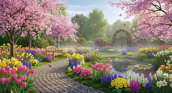 Vibrant spring garden scene with blooming trees and colorful flowers