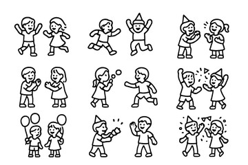 Naklejka premium Birthday Party Icons. Birthday party kids playing. Line outline icon set of birthday party kids playing: kids