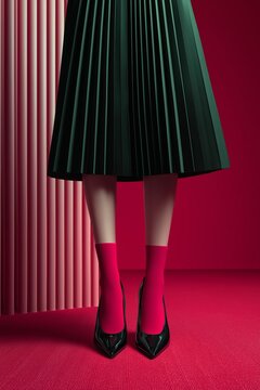 Mujer con falda plisada verde y zapatos de tac&oacute;n negros, Piernas con calcetines rojos y zapatos charol sobre fondo burdeos, Mockup para editorial de moda con est&eacute;tica minimalista