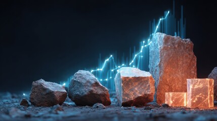 Digital Financial Graph with Glowing Upward Trends Over Layered Rocks on Dark Surface in 4D Visualization