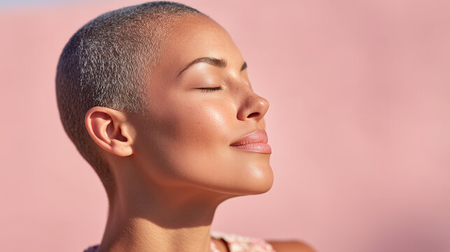 Woman with pixie cut eyes closed deep breath serene wellness beauty skin care concept with soft pink background