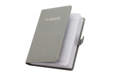 Gray leather planner with white pages gray planner isolated on a transparent background