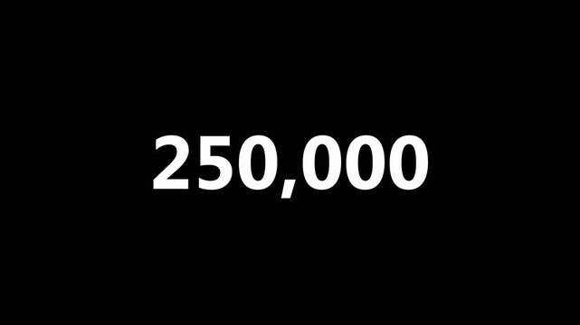 Number counter animation from zero to two hundred fifty thousand on a transparent background, Count-up animation from 0 to 250,000 with alpha channel.
