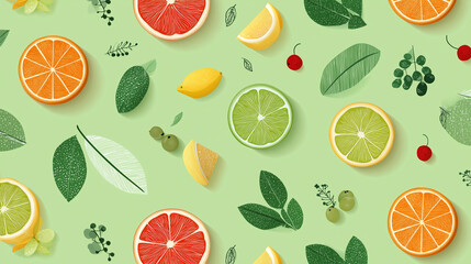 Citrus fruit pattern with orange, lemon, lime, and grapefruit slices scattered on light green background with green leaves and small red berries, creating fresh and vibrant design