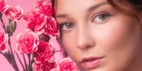 Fototapeta premium Pink Carnation Beauty Shot Of Woman With Radiant Skin And Fresh Makeup