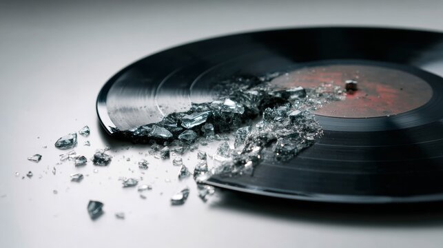 broken vinyl record on white background