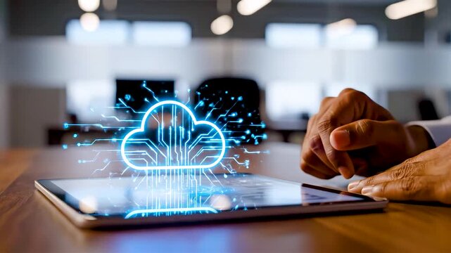 Secure cloud computing interface on tablet with glowing data access controls showcasing modern digital storage and enterprise connectivity