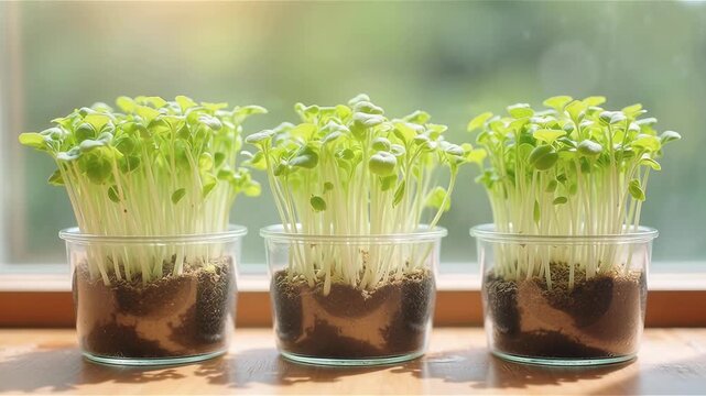 microgreens, Three transparent containers filled with young green sprouts on windowsill, promoting growth and renewal, calm, freshness, new beginnings, springtime., themes: life, growth, nature, seren