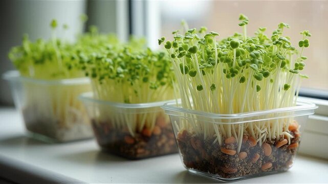 microgreens, Three transparent containers filled with young green sprouts on windowsill, promoting growth and renewal, calm, freshness, new beginnings, springtime., themes: life, growth, nature, seren