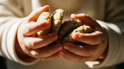Child's Hands Gently Holding a Pile of Delicious Homemade Cookies