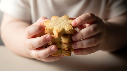 Small child's delicate hands tenderly hold a stack of freshly baked, golden star-shaped cookies, evoking a sense of childhood joy and homemade warmth