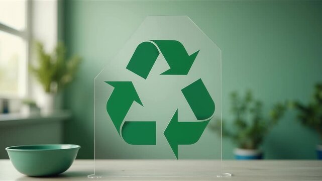 Green recycle symbol icon sign with professional environment background to represent recycling or sorting of waste at office and for working people 
