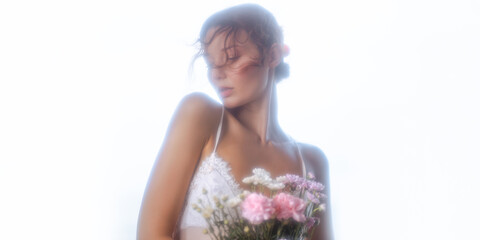 Soft-Focus Lace Boudoir Portrait With Flowers And Dreamy Backlight