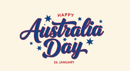 Happy australia day celebration graphic design featuring bold script typography in blue and red colors surrounded by small stars on a light background for national events