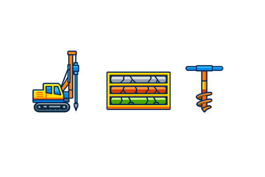 Construction equipment icons: drilling machine, core samples, and