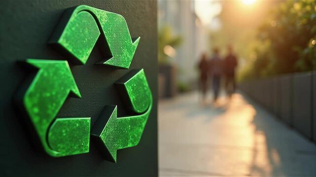 Green recycle symbol icon sign with professional environment background to represent recycling or sorting of waste at office and for working people 
