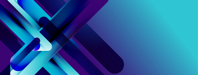 Naklejka premium Abstract geometric shapes overlap, creating dynamic blue purple gradients. Modern design suggests technology, innovation, future concepts.